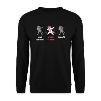 Einhorn Beamter Anwalt ich bin Sozialarbeiterin - Unisex Pullover - Schwarz - Vorne - Alina (178cm) & Michal (187cm)