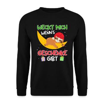 Weckt mich wenn es Geschenke gibt Faultier - Unisex Pullover - Schwarz - Vorne - Alina (178cm) & Michal (187cm)