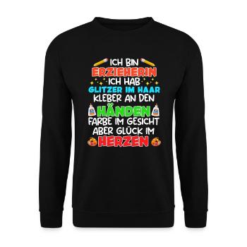 Glitzer in Haaren Klebe an den Händen Erzieherin - Unisex Pullover - Schwarz - Vorne - Alina (178cm) & Michal (187cm)