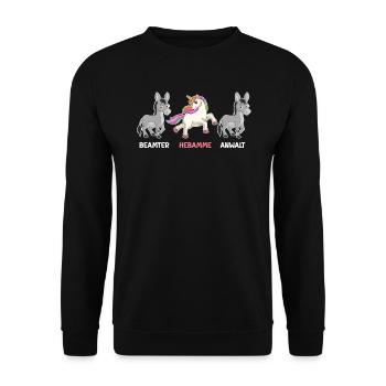 Einhorn Beamter Anwalt ich bin Hebamme - Unisex Pullover - Schwarz - Vorne - Alina (178cm) & Michal (187cm)