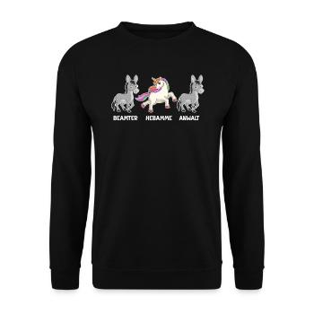 Einhorn Beamter Anwalt ich bin Hebamme - Unisex Pullover - Schwarz - Vorne - Alina (178cm) & Michal (187cm)
