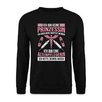Ich bin keine Prinzessin ich bin Altenpflegerin - Unisex Pullover - Schwarz - Vorne - Alina (178cm) & Michal (187cm)