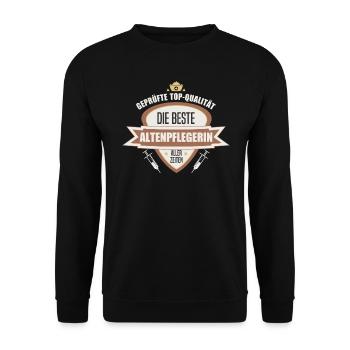 Geprüfte Top Qualität die beste Altenpflegerin - Unisex Pullover - Schwarz - Vorne - Alina (178cm) & Michal (187cm)
