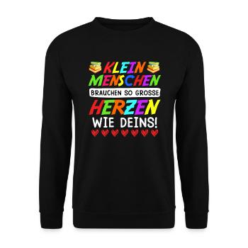 Kleine Menschen brauchen großes Herz Erzieherin - Unisex Pullover - Schwarz - Vorne - Alina (178cm) & Michal (187cm)