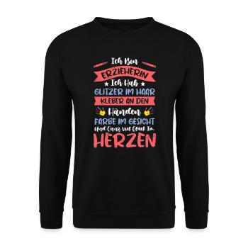 Glitter im Haar Klebe an den Händen Erzieherin - Unisex Pullover - Schwarz - Vorne - Alina (178cm) & Michal (187cm)