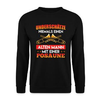Unterschätze niemals einen alten Mann mit Posaune - Unisex Pullover - Schwarz - Vorne - Alina (178cm) & Michal (187cm)