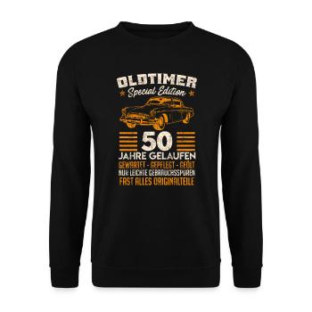 Oldtimer 50 Jahre gelaufen 50. Geburtstag - Unisex Pullover - Schwarz - Vorne - Alina (178cm) & Michal (187cm)