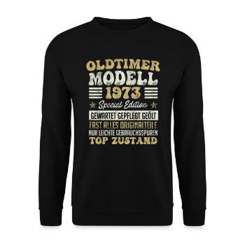 50. Geburtstag Oldtimer Modell 1973 50 Jahre - Unisex Pullover - Schwarz - Vorne - Alina (178cm) & Michal (187cm)