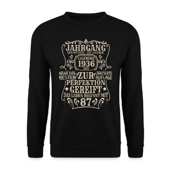 Geburtstagsgeschenk Geboren 1936 87 Jahre - Unisex Pullover - Schwarz - Vorne - Alina (178cm) & Michal (187cm)