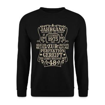 Geburtstagsgeschenk Geboren 1975 48 Jahre - Unisex Pullover - Schwarz - Vorne - Alina (178cm) & Michal (187cm)