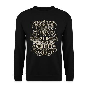 Geburtstagsgeschenk Geboren 1958 65 Jahre - Unisex Pullover - Schwarz - Vorne - Alina (178cm) & Michal (187cm)