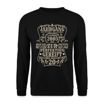 Geburtstagsgeschenk Geboren 2003 20 Jahre - Unisex Pullover - Schwarz - Vorne - Alina (178cm) & Michal (187cm)
