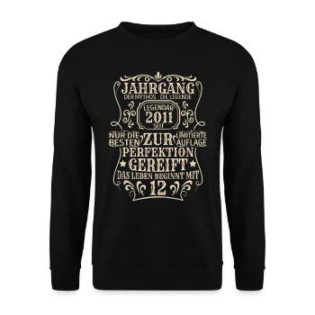 Geburtstagsgeschenk Geboren 2011 12 Jahre - Unisex Pullover - Schwarz - Vorne - Alina (178cm) & Michal (187cm)