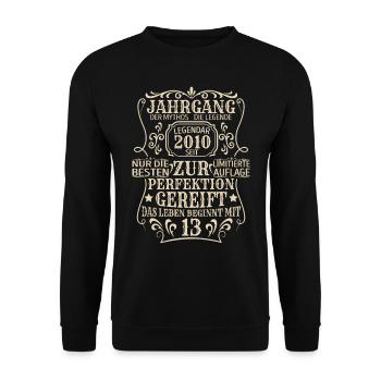 Geburtstagsgeschenk Geboren 2010 13 Jahre - Unisex Pullover - Schwarz - Vorne - Alina (178cm) & Michal (187cm)