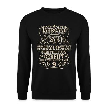 Geburtstagsgeschenk Geboren 2014 9 Jahre - Unisex Pullover - Schwarz - Vorne - Alina (178cm) & Michal (187cm)