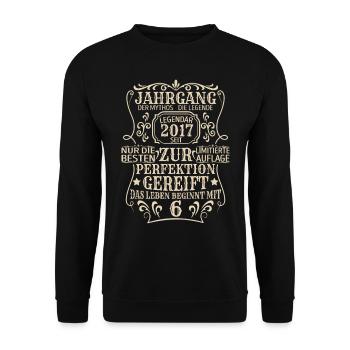 Geburtstagsgeschenk Geboren 2017 6 Jahre - Unisex Pullover - Schwarz - Vorne - Alina (178cm) & Michal (187cm)