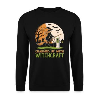 Lustige Halloween Hexe lädt elektrischen Besen - Unisex Pullover - Schwarz - Vorne - Alina (178cm) & Michal (187cm)