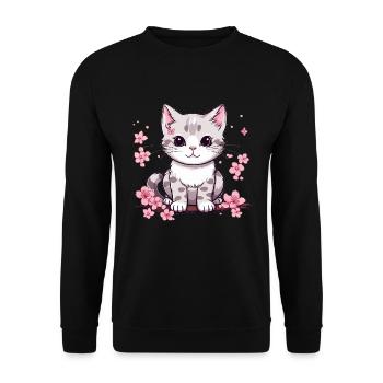 Süße Katze mit Kirschblüten - Unisex Pullover - Schwarz - Vorne - Alina (178cm) & Michal (187cm)