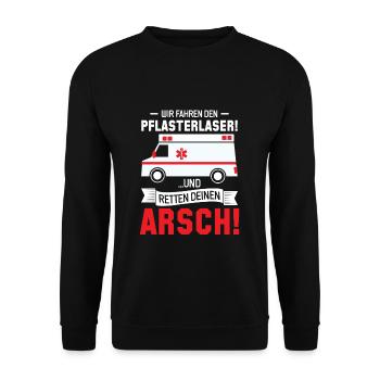 Rettungssanitäter Rettungsdienst Retter - Unisex Pullover - Schwarz - Vorne - Alina (178cm) & Michal (187cm)