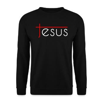 Jesus Schriftzug mit Kreuz - Jesus with Cross - Unisex Pullover - Schwarz - Vorne - Alina (178cm) & Michal (187cm)