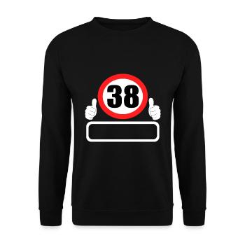 38 Geburtstag Verkehrszeichen 38 Jahre - Unisex Pullover - Schwarz - Vorne - Alina (178cm) & Michal (187cm)
