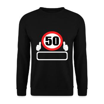 50 Geburtstag Verkehrszeichen 50 Jahre Dein Name - Unisex Pullover - Schwarz - Vorne - Alina (178cm) & Michal (187cm)
