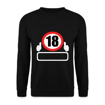 18 Geburtstag Verkehrszeichen 18 Jahre Dein Name - Unisex Pullover - Schwarz - Vorne - Alina (178cm) & Michal (187cm)