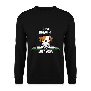 Yoga Hund auf Yogamatte mit "Just Breath, just Yog - Unisex Pullover - Schwarz - Vorne - Alina (178cm) & Michal (187cm)