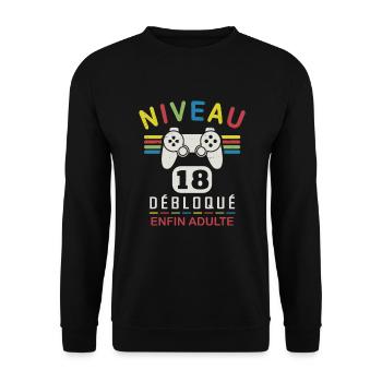 Anniversaire 18 ans Garçon Gamer Fille Gameuse - Sweat-shirt Unisexe - noir - Devant - Alina (178cm) & Michal (187cm)