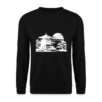 Sonnenaufgang japanischer Landschaft Baum Tempel - Unisex Pullover - Schwarz - Vorne - Alina (178cm) & Michal (187cm)