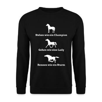 Pferdespruch stehen, gehen, rennen - Unisex Pullover - Schwarz - Vorne - Alina (178cm) & Michal (187cm)