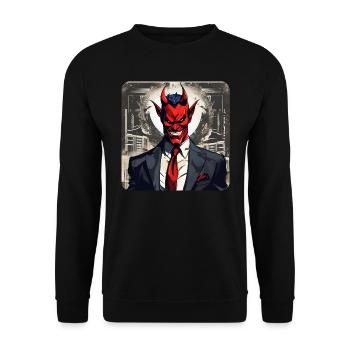 Böser grinsender Teufel mit Schlips und Anzug - Unisex Pullover - Schwarz - Vorne - Alina (178cm) & Michal (187cm)