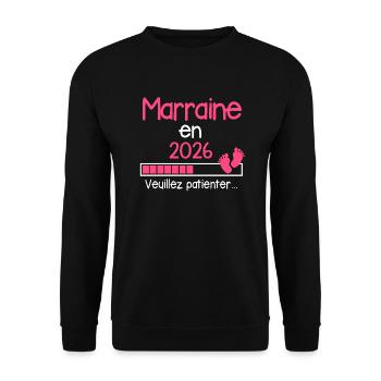 Marraine en 2026 cadeau baptême humour - Sweat-shirt Unisexe - noir - Devant - Alina (178cm) & Michal (187cm)