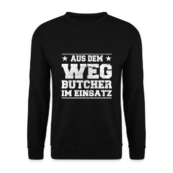 Aus dem Weg Butcher im Einsatz Design - Unisex Pullover - Schwarz - Vorne - Alina (178cm) & Michal (187cm)