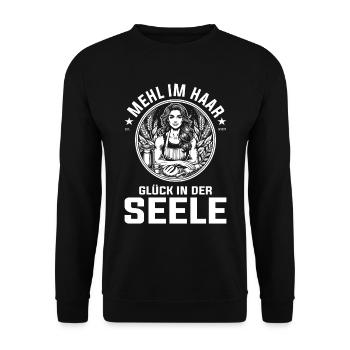 Mehl im Haar, Glück in der Seele - Backen Design - Unisex Pullover - Schwarz - Vorne - Alina (178cm) & Michal (187cm)