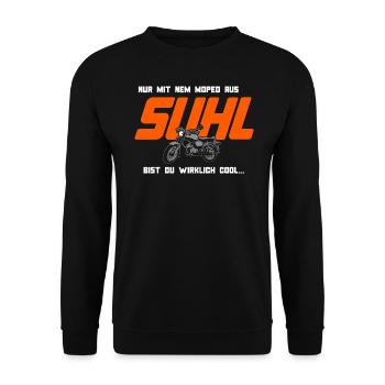 Nur mit nem Moped aus Suhl bist du wirklich cool - Unisex Pullover - Schwarz - Vorne - Alina (178cm) & Michal (187cm)
