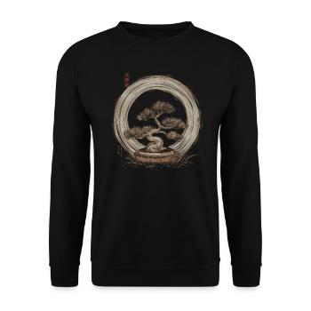 Japanischer Zen Enso Kreis mit Bonsai Baum - Unisex Pullover - Schwarz - Vorne - Alina (178cm) & Michal (187cm)