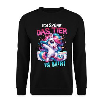 Einhorn Dab Shirt – Ich spüre das Tier in mir - Unisex Pullover - Schwarz - Vorne - Alina (178cm) & Michal (187cm)