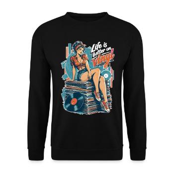 Life is better on vinyl - Pin-Up & Sneaker - Unisex Pullover - Schwarz - Vorne - Alina (178cm) & Michal (187cm)