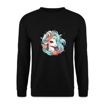 Comic Einhorn mit Blumen im Haar - Unisex Pullover - Schwarz - Vorne - Alina (178cm) & Michal (187cm)