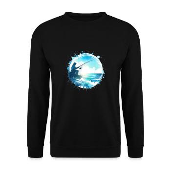 Angler mit Angel fischt am Meer - Unisex Pullover - Schwarz - Vorne - Alina (178cm) & Michal (187cm)
