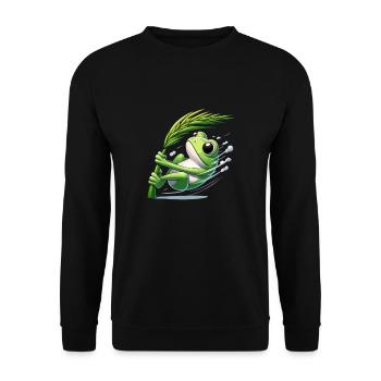Comic Frosch klammert sich an Grashalm - Unisex Pullover - Schwarz - Vorne - Alina (178cm) & Michal (187cm)