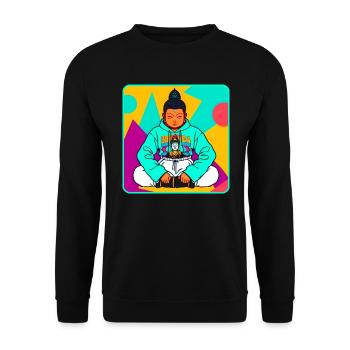 Moderner bunter Buddha in Yoga Posse mit Hoodie - Unisex Pullover - Schwarz - Vorne - Alina (178cm) & Michal (187cm)