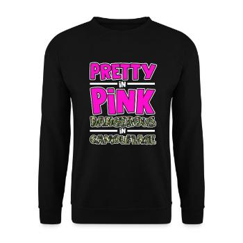 Pretty in Pink Gefährlich in Camouflage Lustig Ers - Unisex Pullover - Schwarz - Vorne - Alina (178cm) & Michal (187cm)