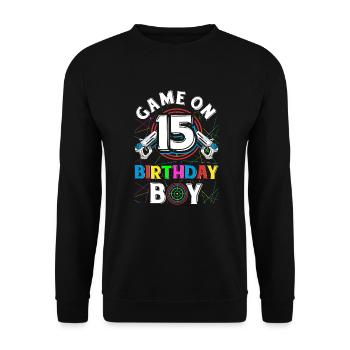 Lasertag Game On 15 Birthday Boy Indoor Laser Tag - Unisex Sweatshirt - black - Front - Alina (178cm) & Michal (187cm)