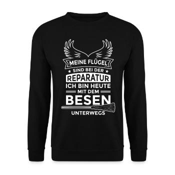 Lustiger Spruch Meine Flügel Reparatur Besen Hexe - Unisex Pullover - Schwarz - Vorne - Alina (178cm) & Michal (187cm)