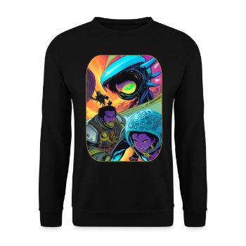 Dessin animé de science-fiction avec des extraterrestres et des astronautes - Sweat-shirt Unisexe - noir - Devant - Alina (178cm) & Michal (187cm)
