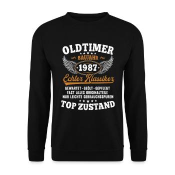 Oldtimer Baujahr 1987 Jahrgang Geburtstag Geschenk - Unisex Pullover - Schwarz - Vorne - Alina (178cm) & Michal (187cm)