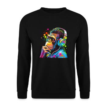 Schimpanse mit Kopfhörer farbig Affe DJ - Unisex Pullover - Schwarz - Vorne - Alina (178cm) & Michal (187cm)