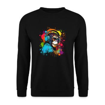 Schimpanse mit Kopfhörer und Sonnenbrille bunt - Unisex Pullover - Schwarz - Vorne - Alina (178cm) & Michal (187cm)